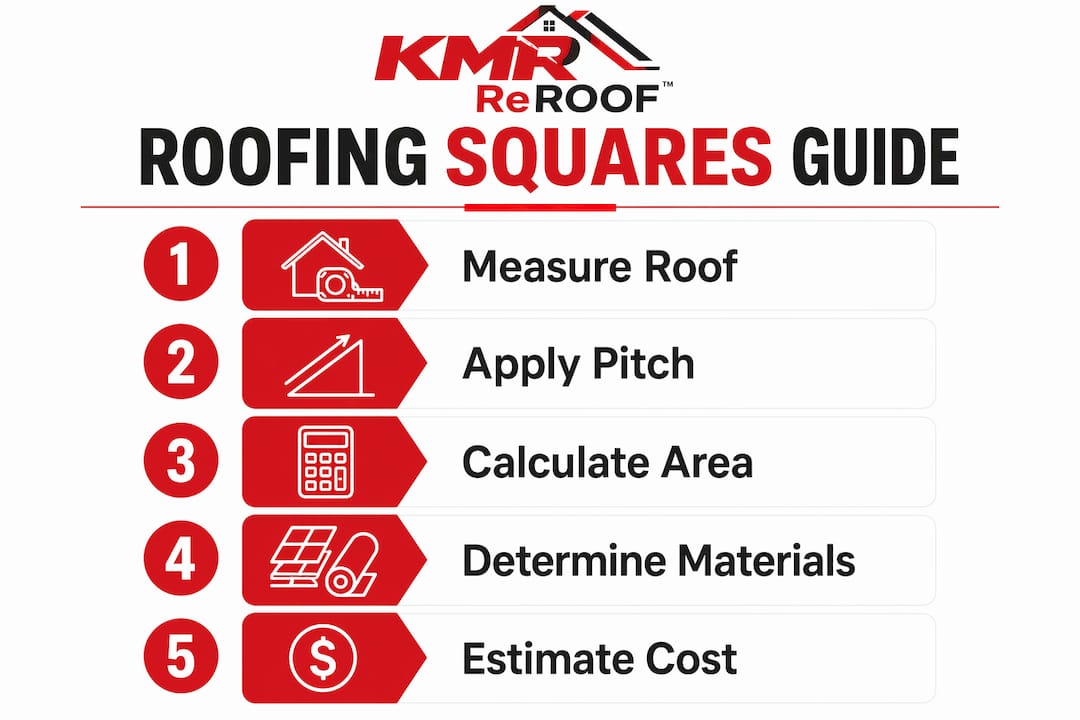 Infographic showing steps to calculate roofing squares and material needs