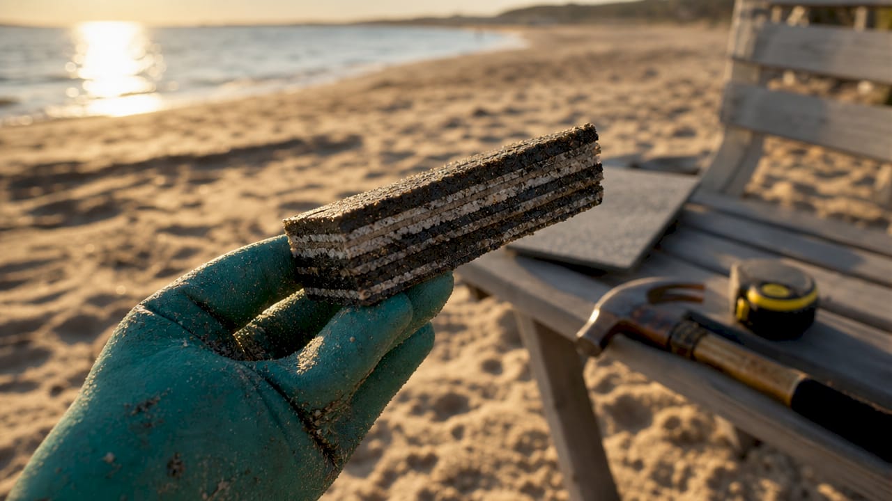 Close-up of built-up roofing material layers in hand