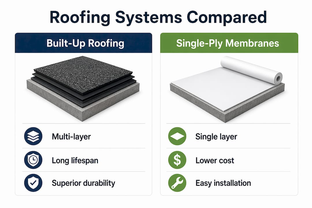 Infographic comparing built-up roofing and single-ply systems