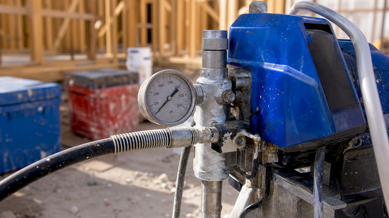 Close-up of airless spray painting high-pressure pump