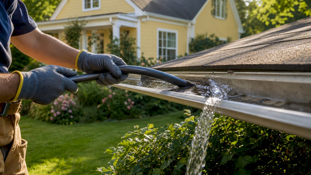Gloved hands flushing gutter with hose