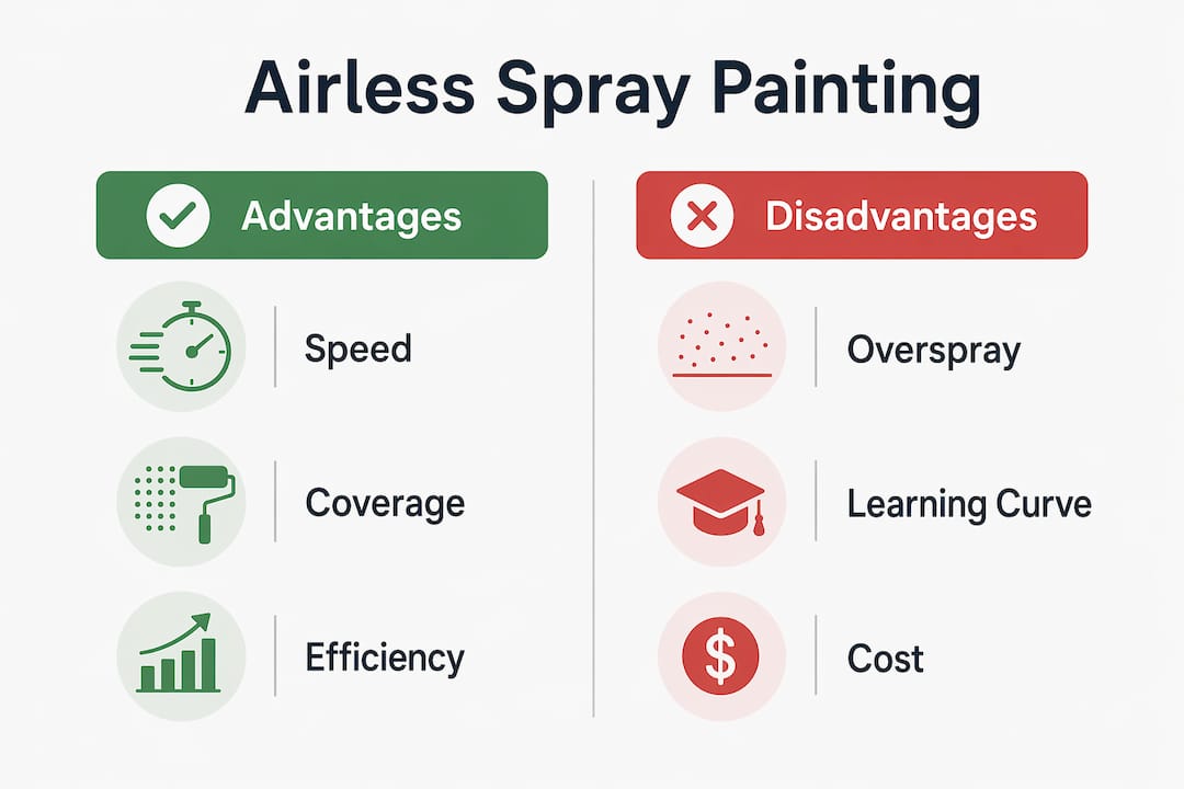 Infographic showing advantages and disadvantages of airless spray painting