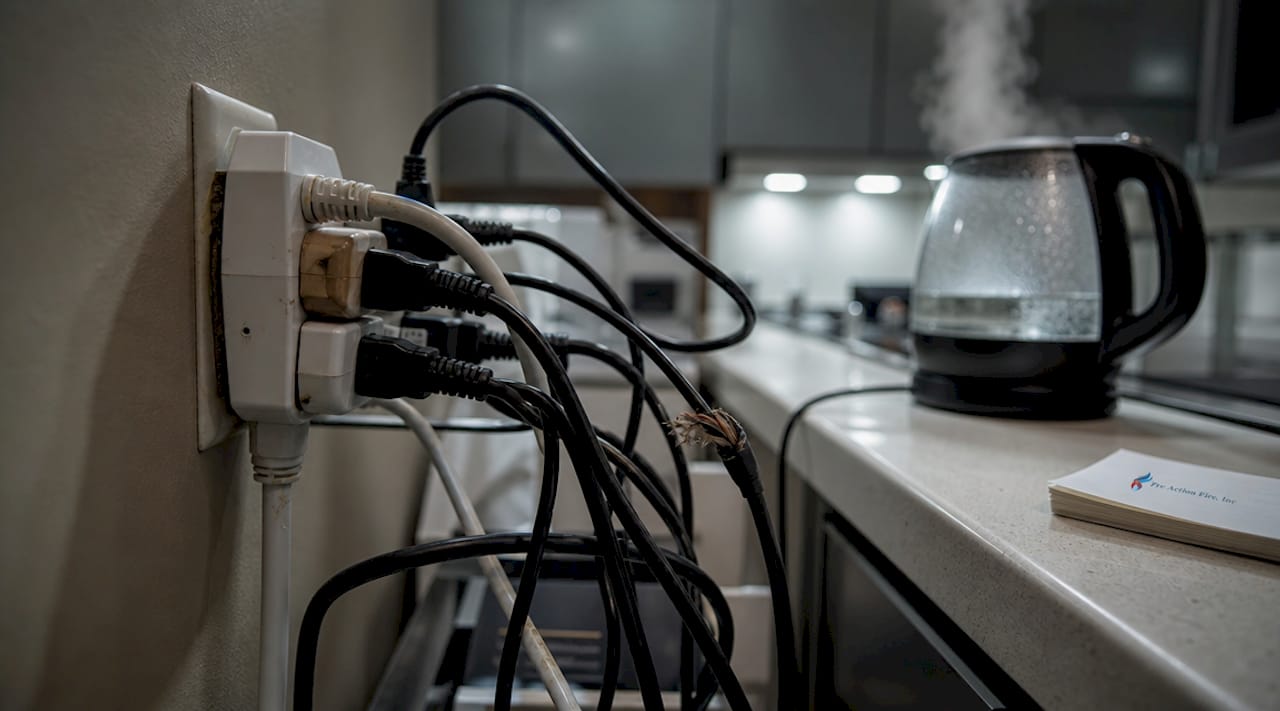 Overloaded electrical outlet with frayed cords