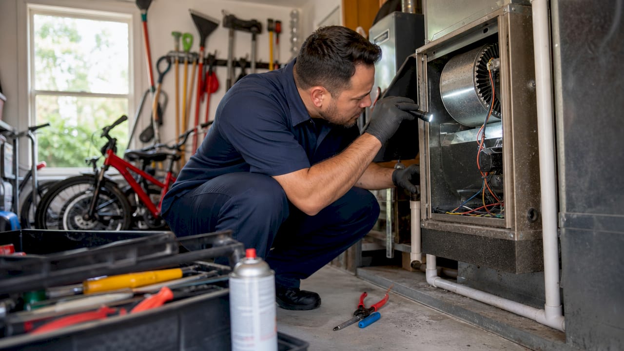Technician inspecting indoor air handler components