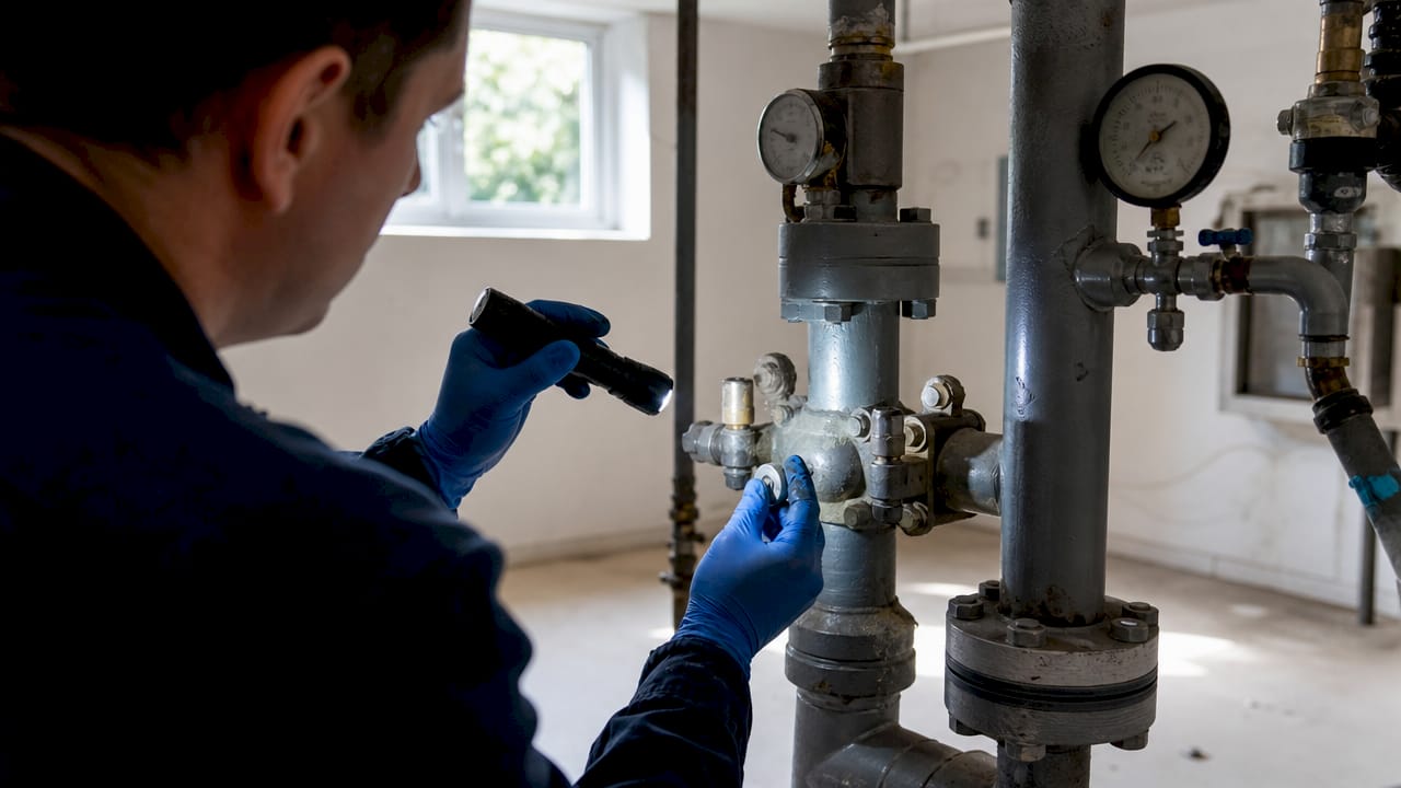 Technician inspecting dry pipe sprinkler system valve