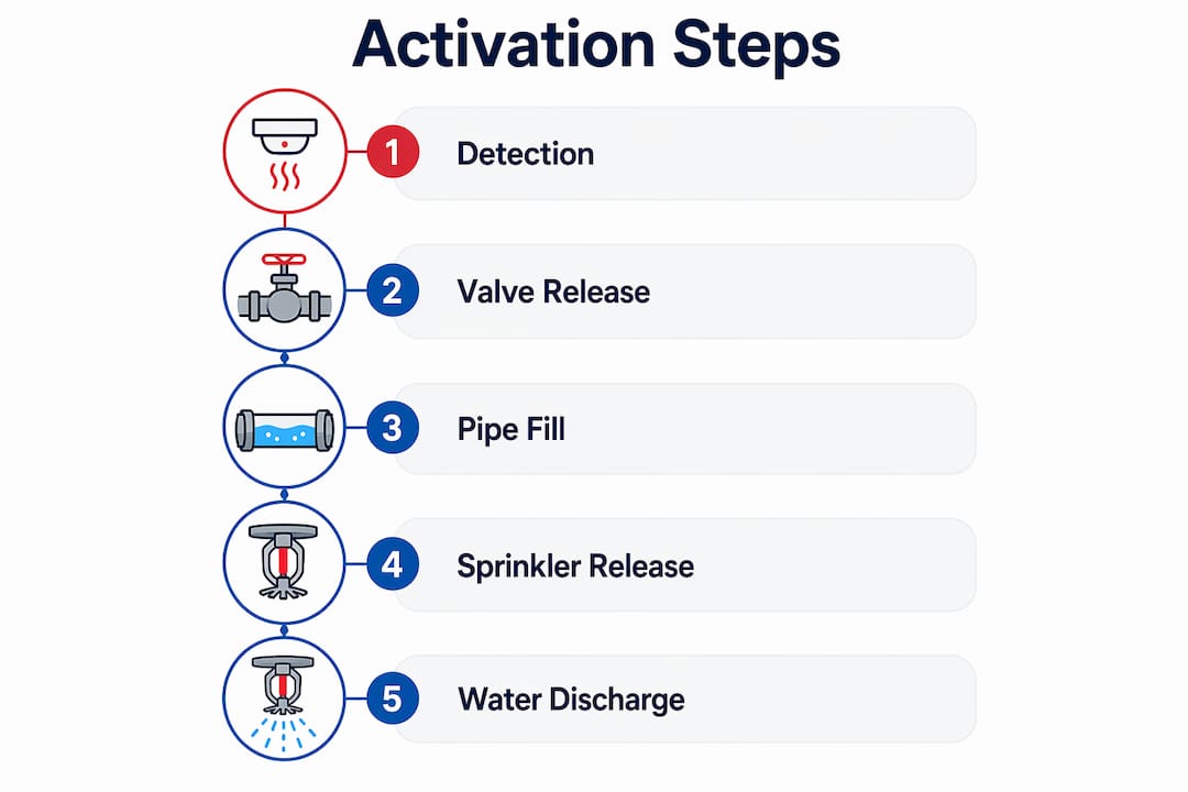 Infographic depicting pre-action sprinkler activation steps