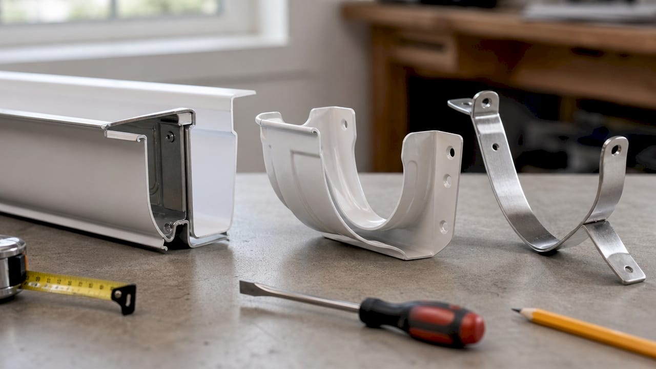 Close-up of three gutter bracket types on workbench