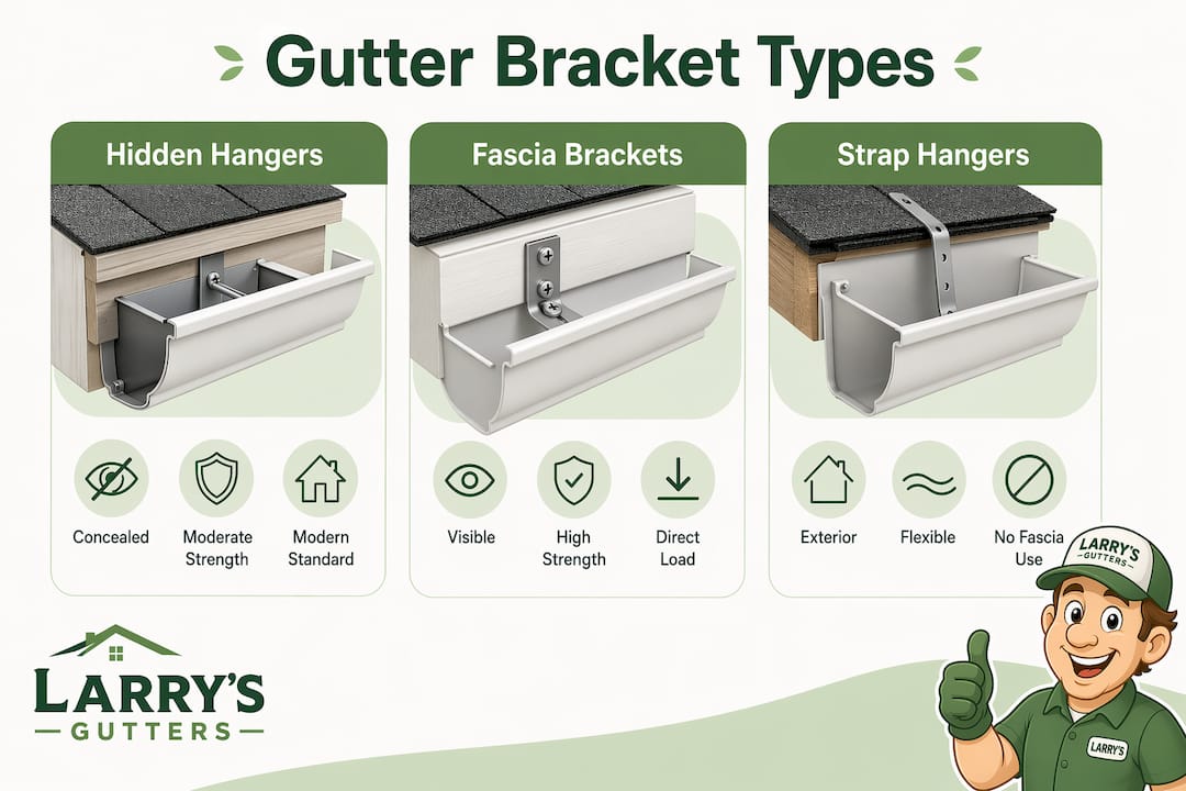 Infographic comparing gutter bracket types with categories and key features