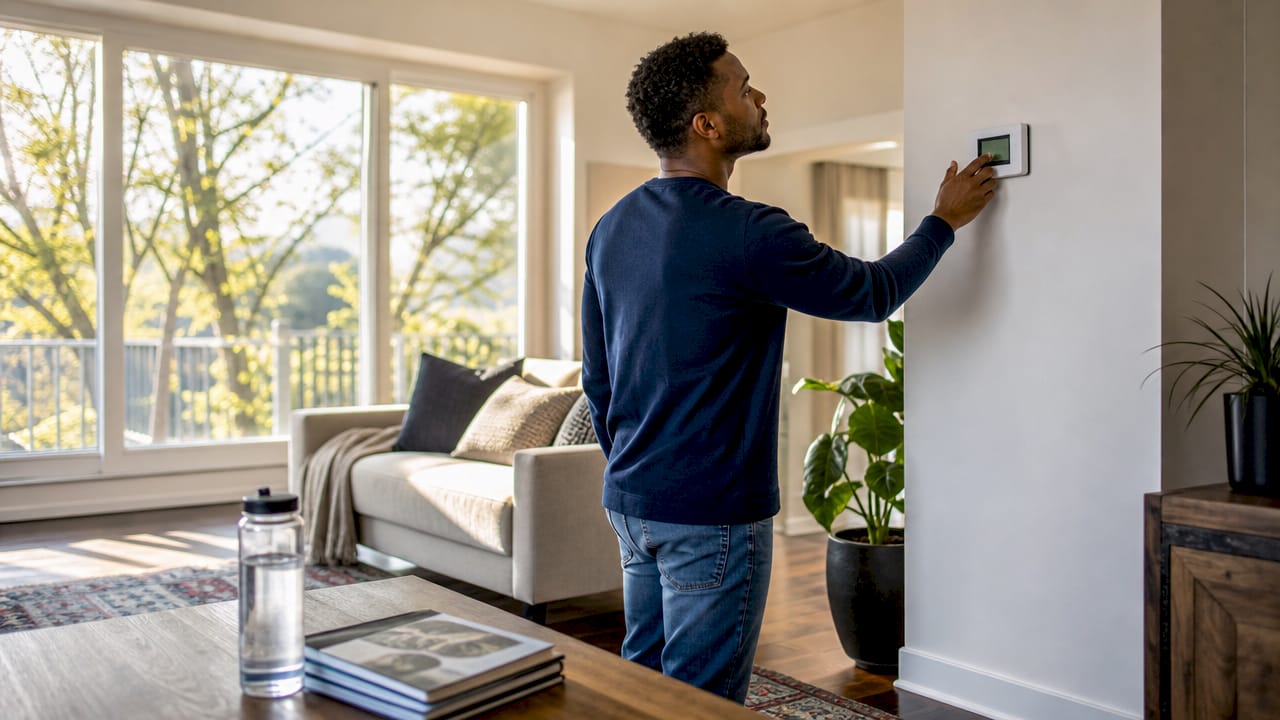 Person adjusting thermostat near impact windows