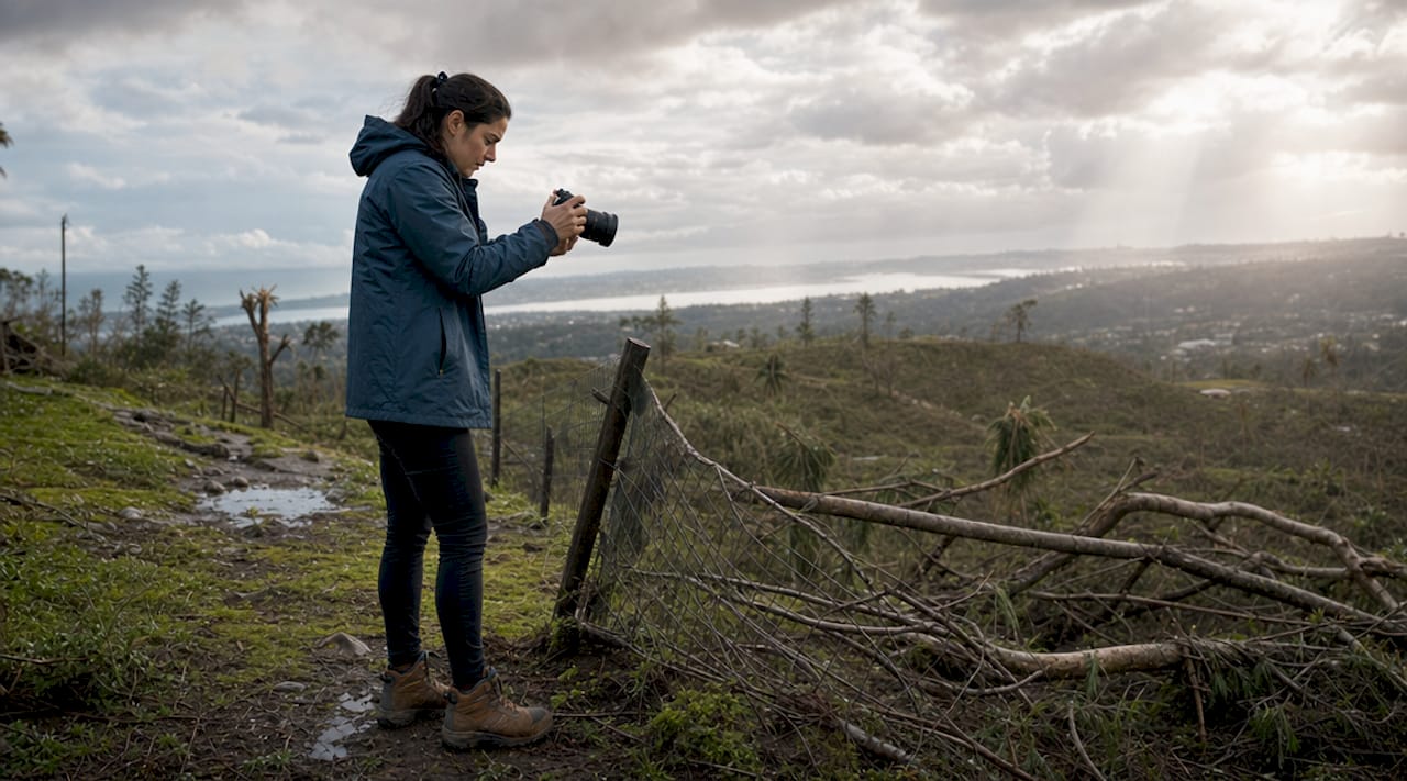 Woman photographing backyard fence storm damage