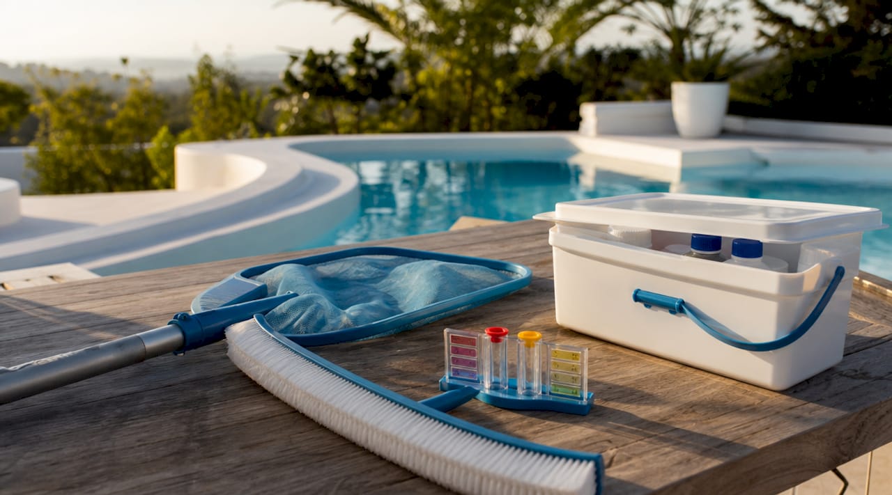 Essential pool maintenance tools laid out