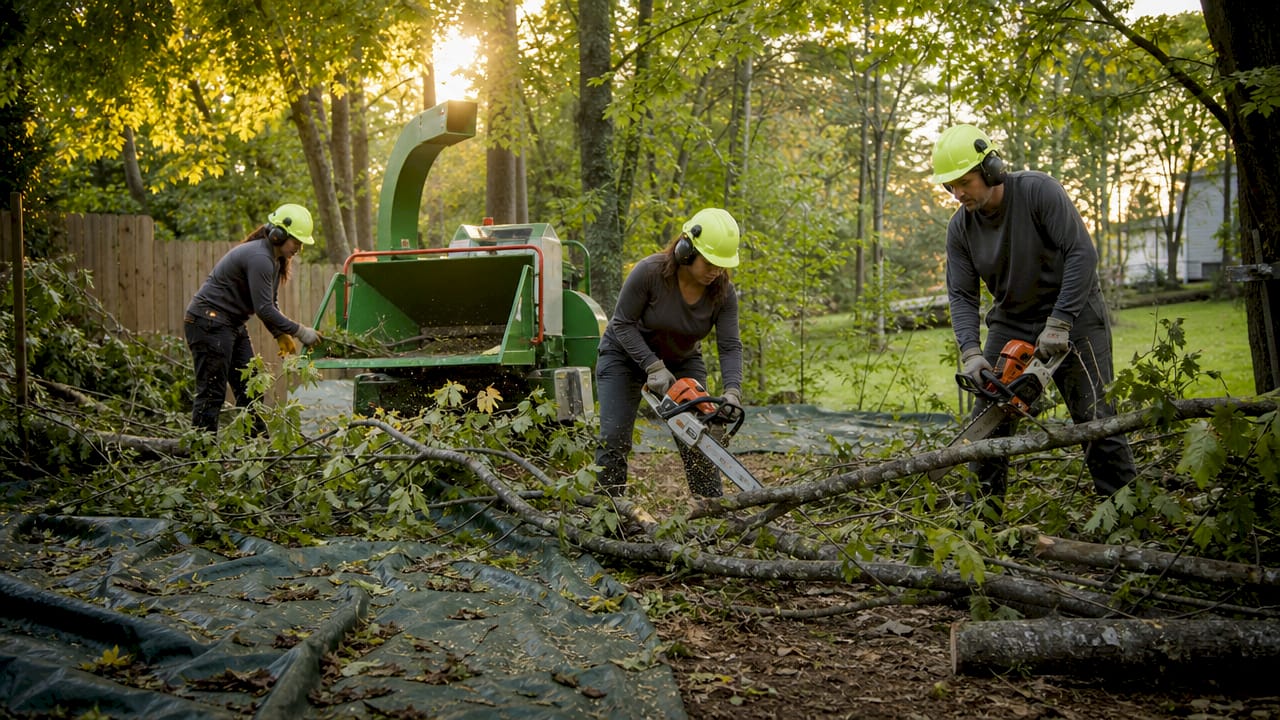 Storm Cleanup Workflow: A Step-by-Step Recovery Guide 2 Crew removing storm debris using wood chipper
