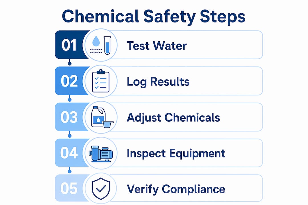 Infographic showing chemical safety steps for pools