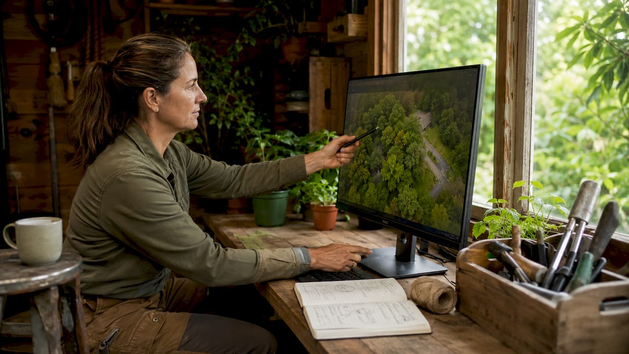 Over-shoulder view of arborist reviewing drone data at desk