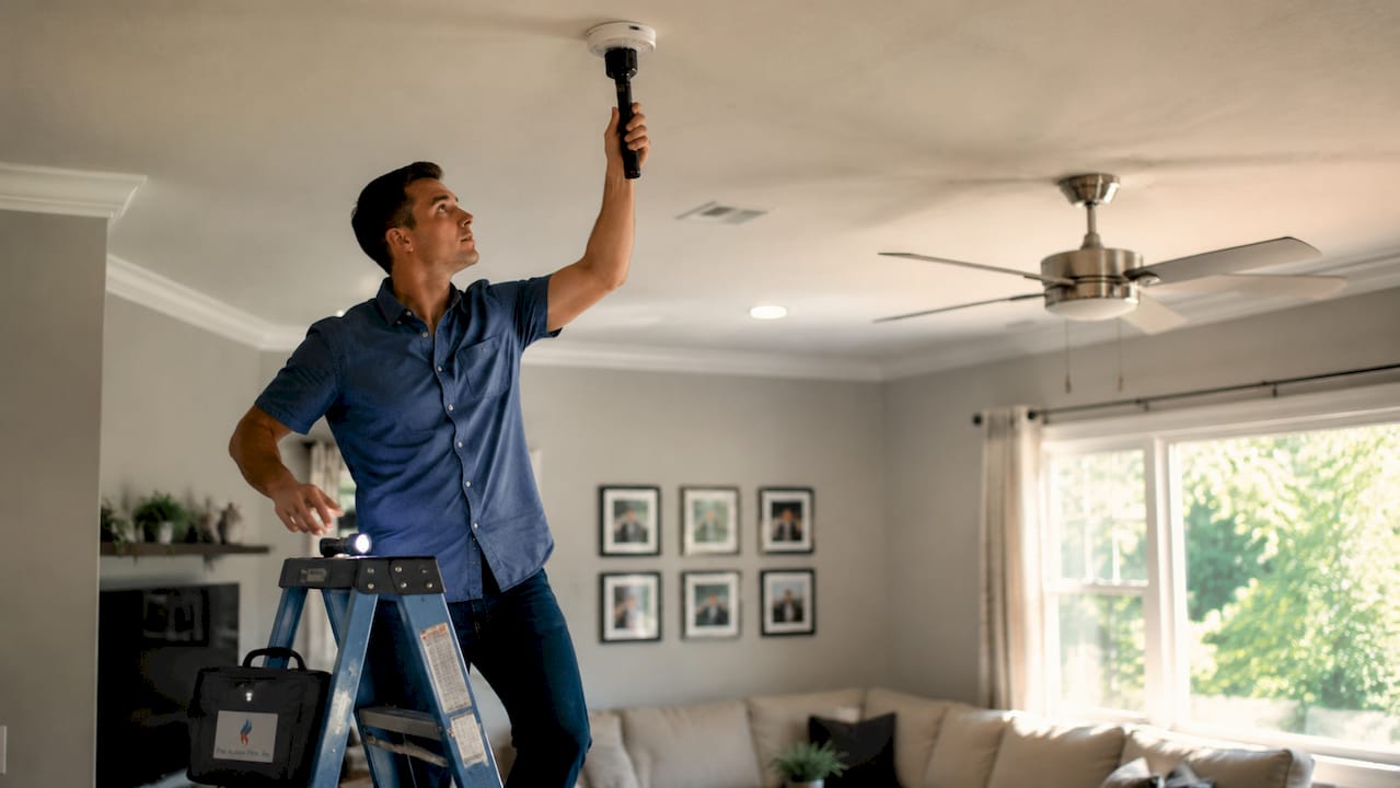 Hands testing ceiling fire alarm detector