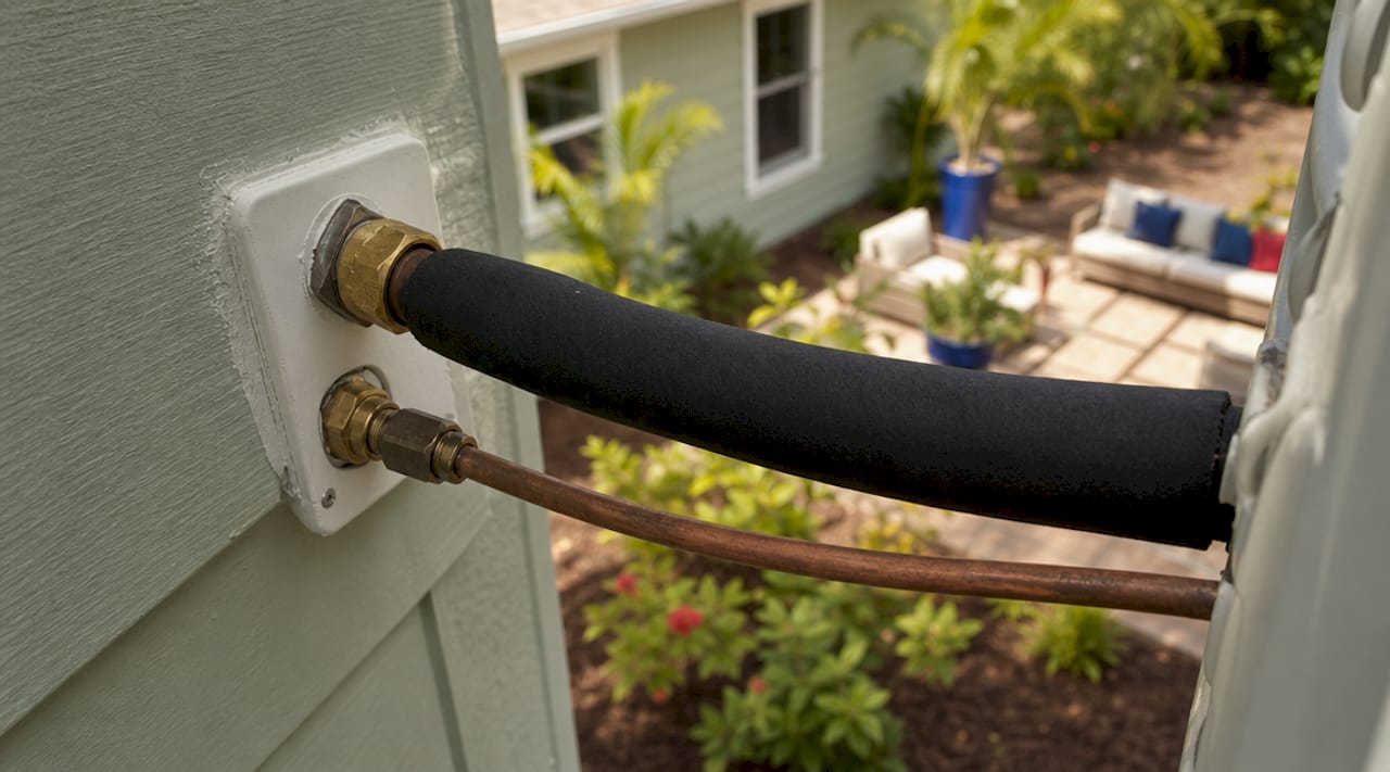 Close-up copper AC lines with insulation