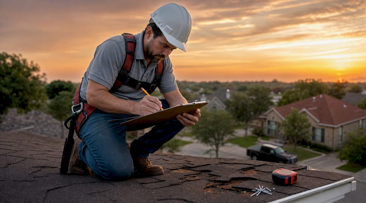 Roof inspector measuring damage on Texas home roof