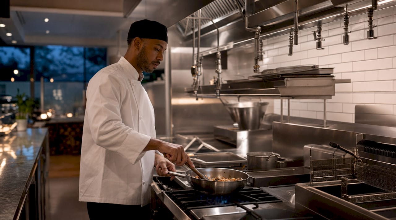 Chef cooking under fire suppression system