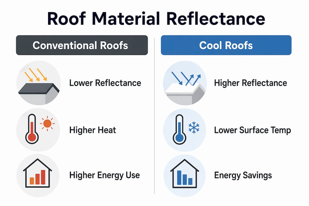Infographic comparing conventional and cool roof reflectance