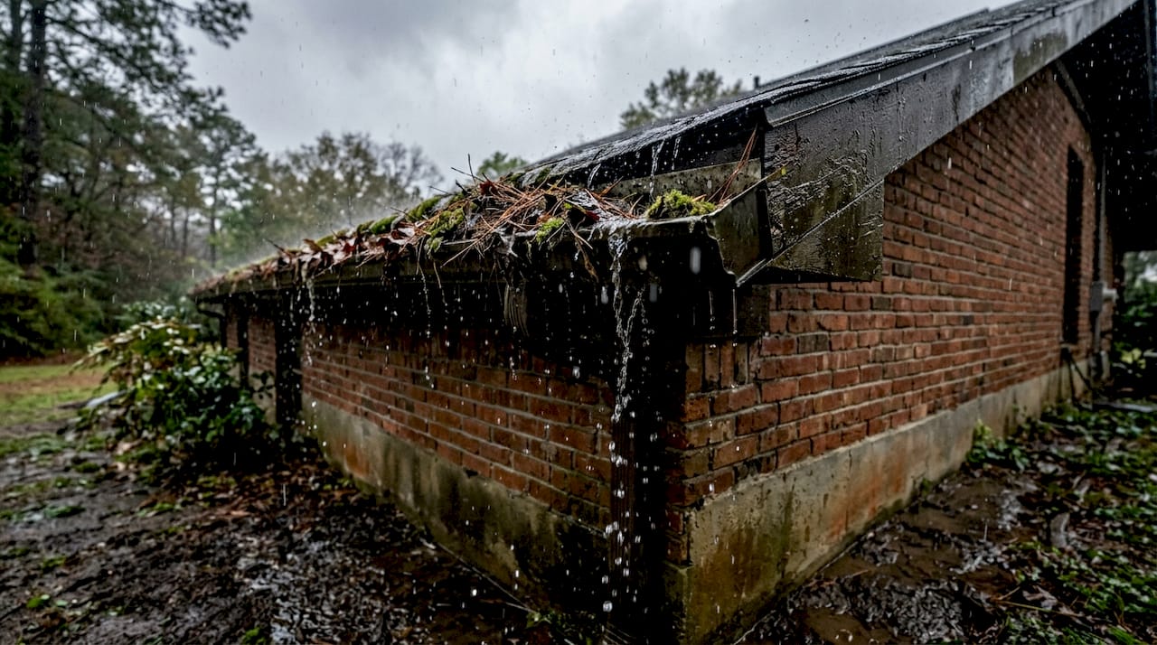 Clogged gutters causing water pooling on foundation