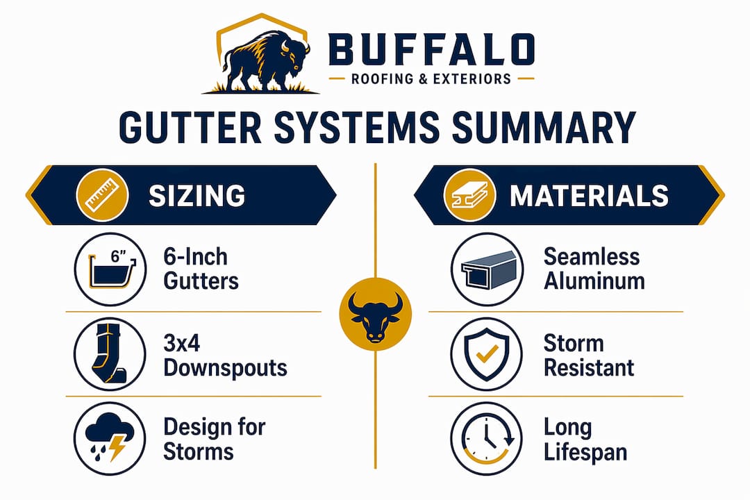 Infographic comparing gutter sizing and materials for storms