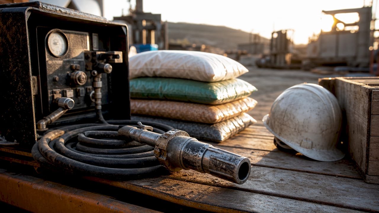 Close-up of media blasting tools and nozzle