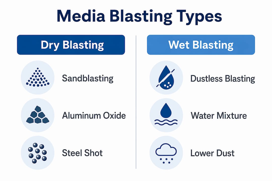 Infographic comparing dry and wet media blasting types