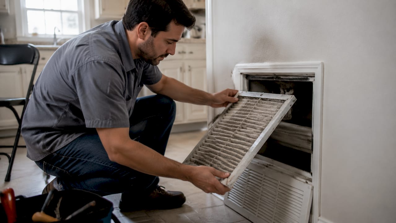 Hands replacing HVAC air filter at home