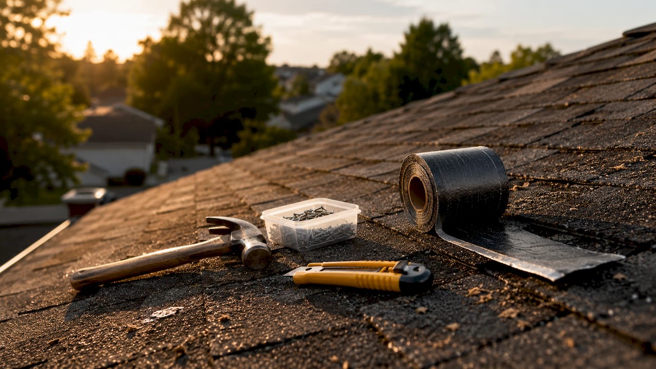 Roof repair tools on asphalt shingle roof