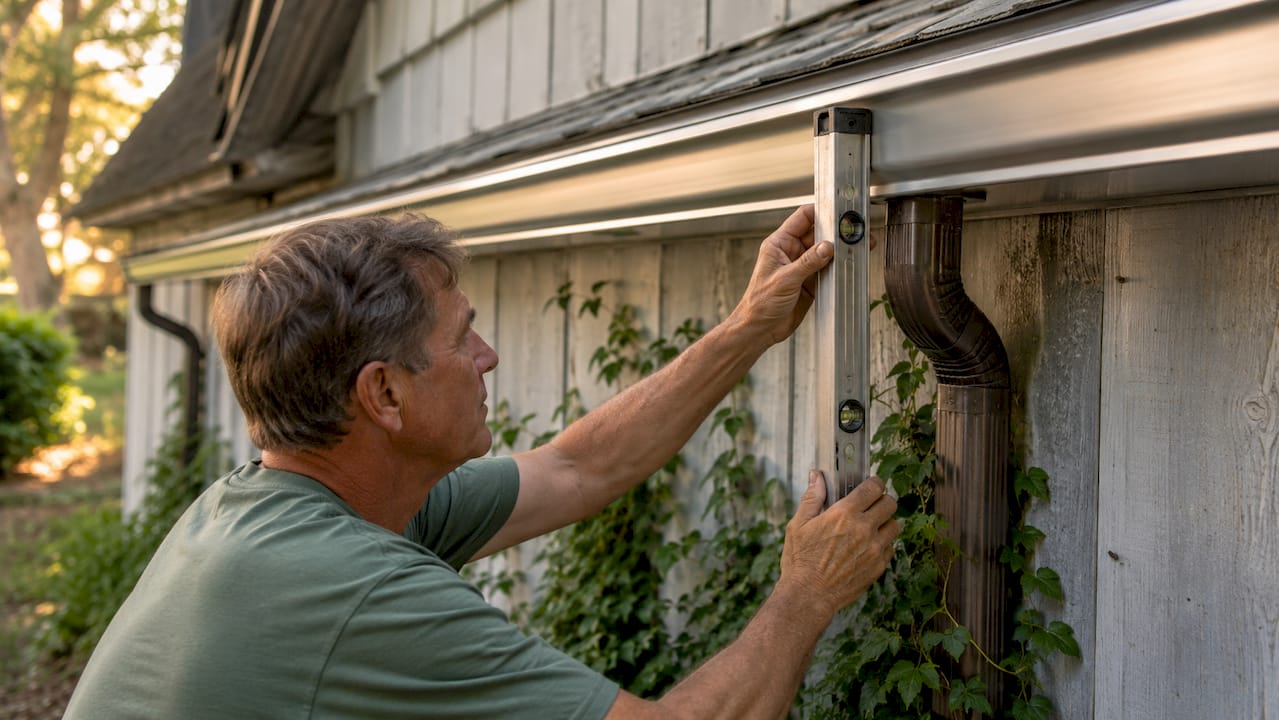 Homeowner checking gutter pitch with level tool