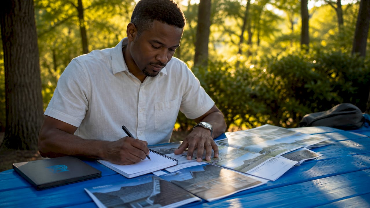 Man writing notes on roofing marketing outdoors