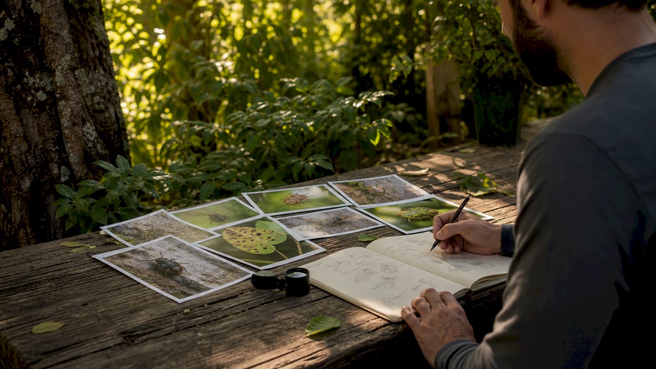 Close-up of tools and photos for tree pest identification