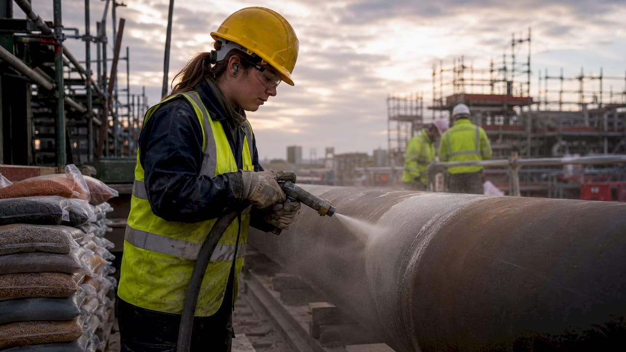 Technician blasting steel pipe surface