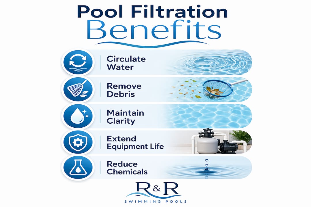 Infographic illustrating benefits and maintenance steps of pool filtration