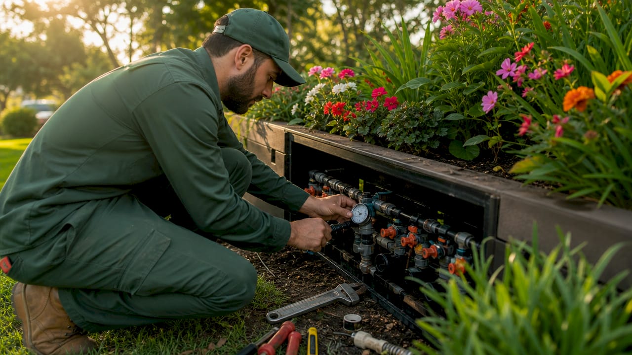 Technician repairing commercial irrigation system