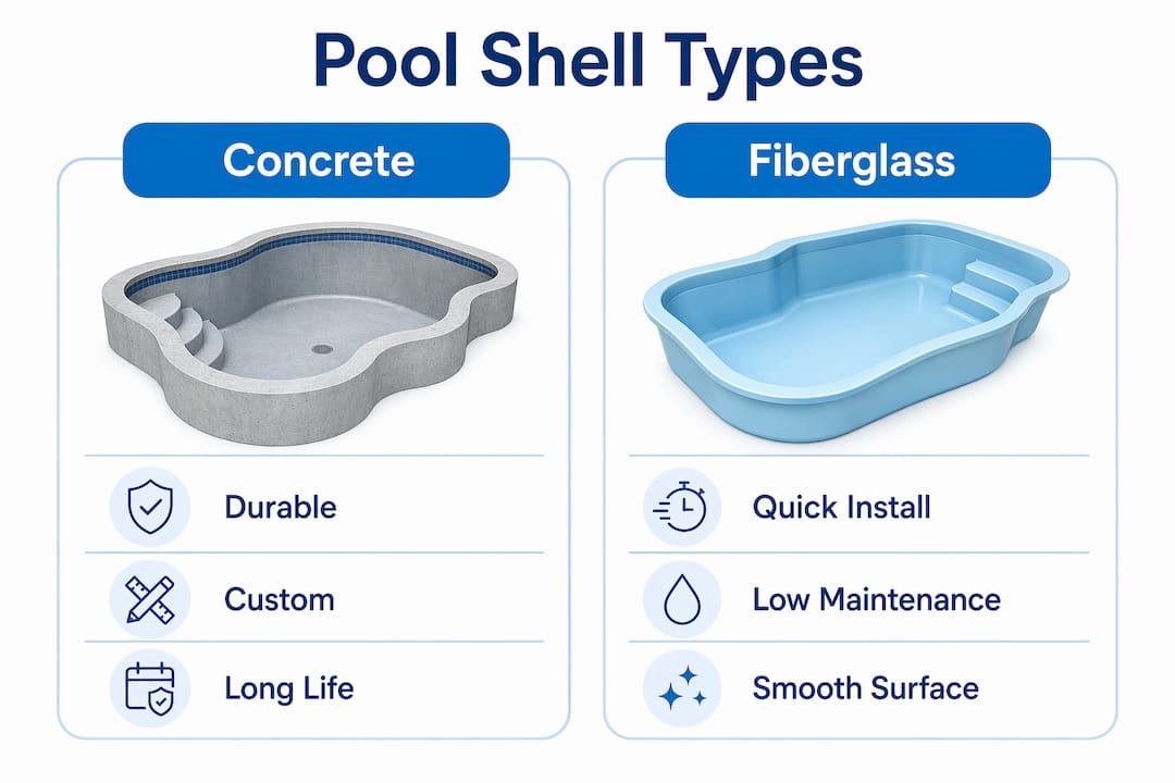 Infographic comparing concrete and fiberglass pool shells