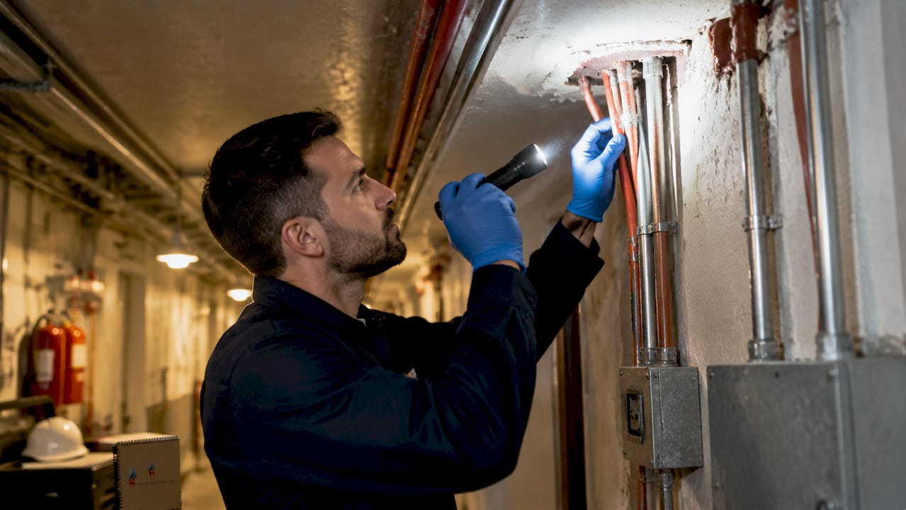 Inspector checking fire compartment junction seals