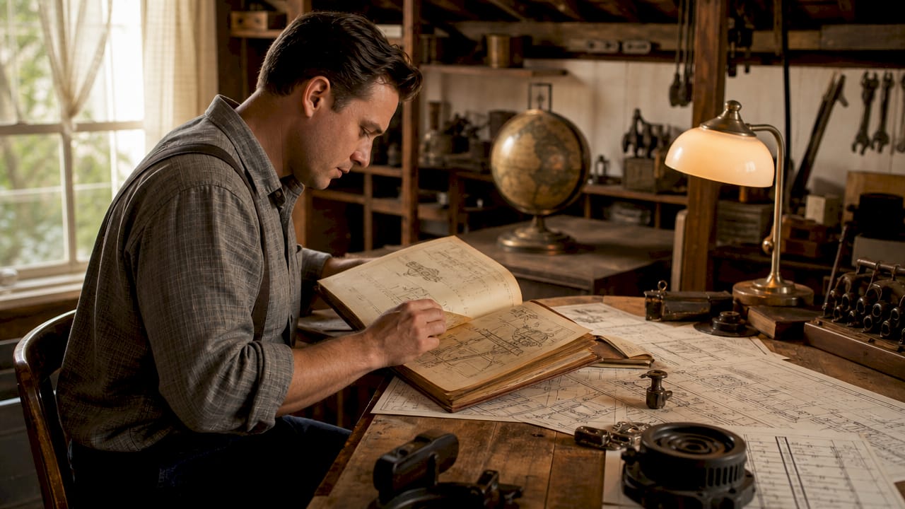 Hands adjusting drafting tools over patent documents