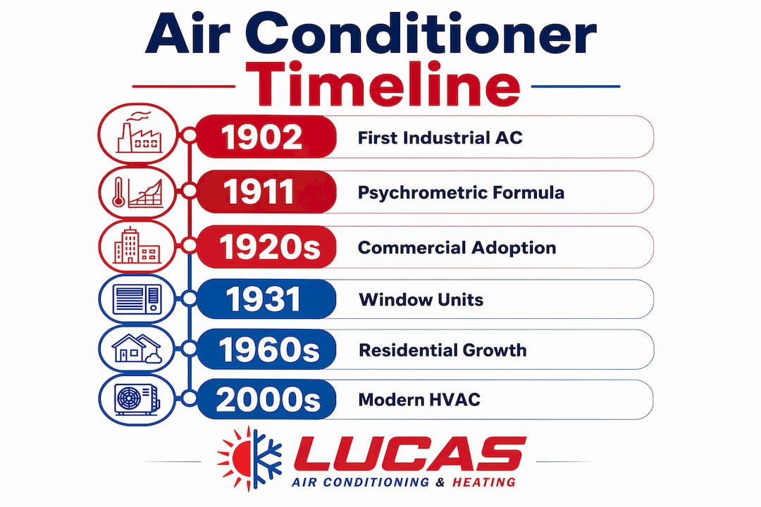 Timeline infographic of air conditioner invention highlights