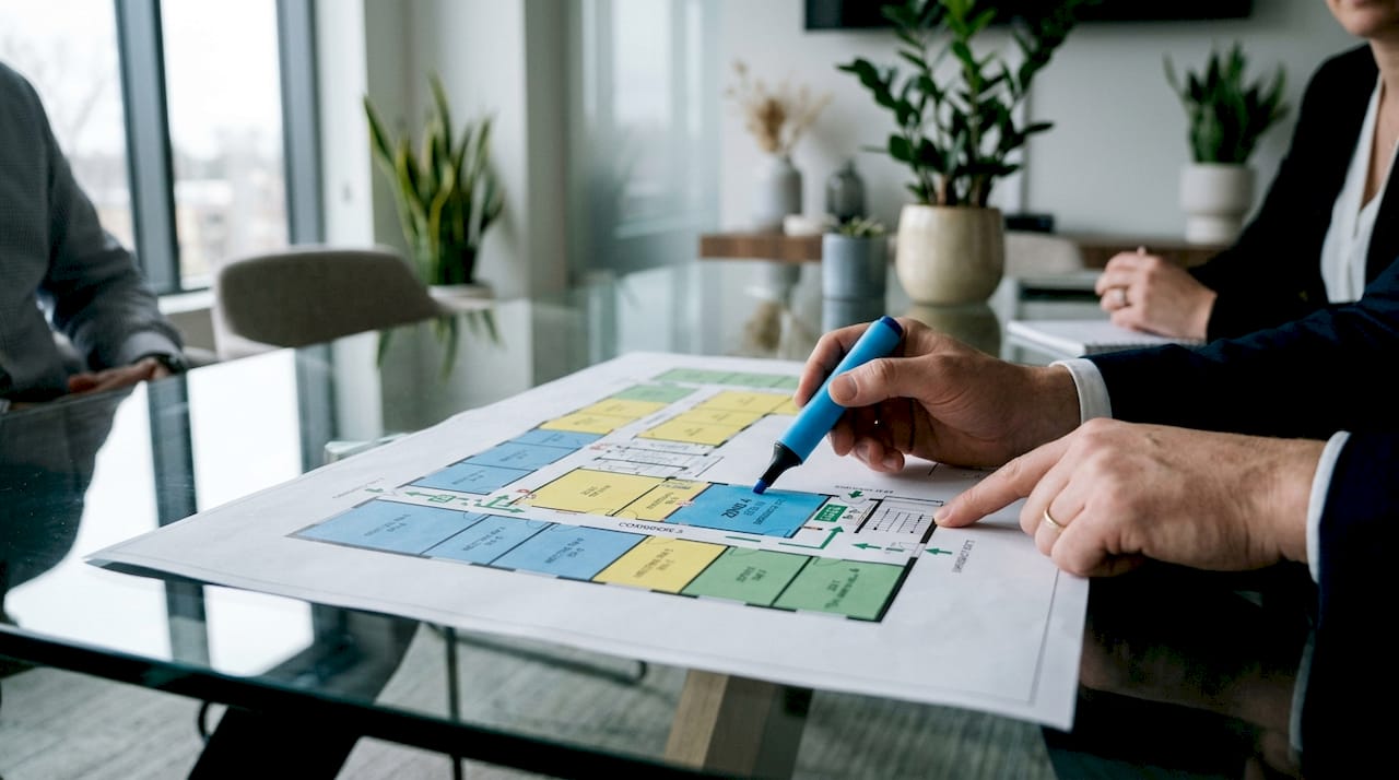 Hands pointing at fire alarm zoning floor plan