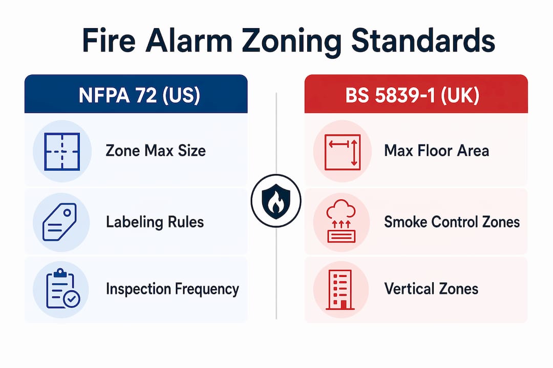 Infographic comparing US and UK fire alarm zoning standards