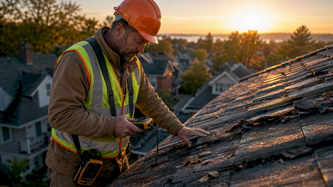 Roofing inspector assessing storm damage on roof