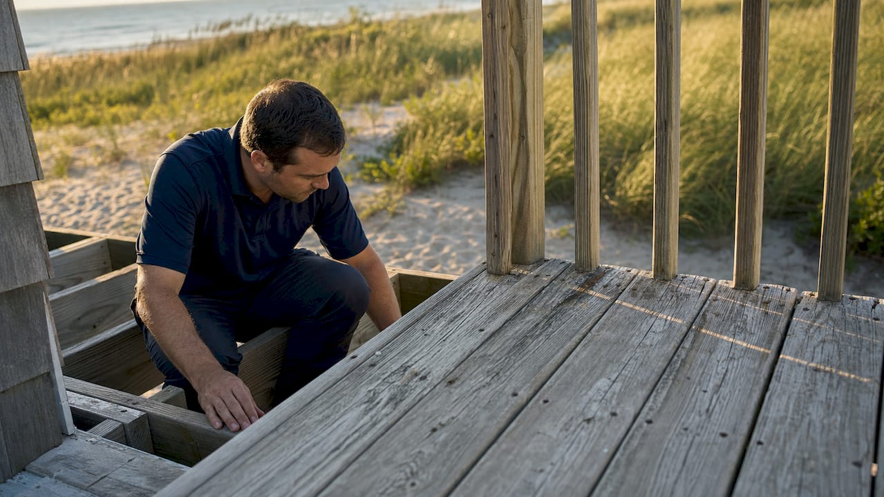 Close-up of weathered coastal deck damage