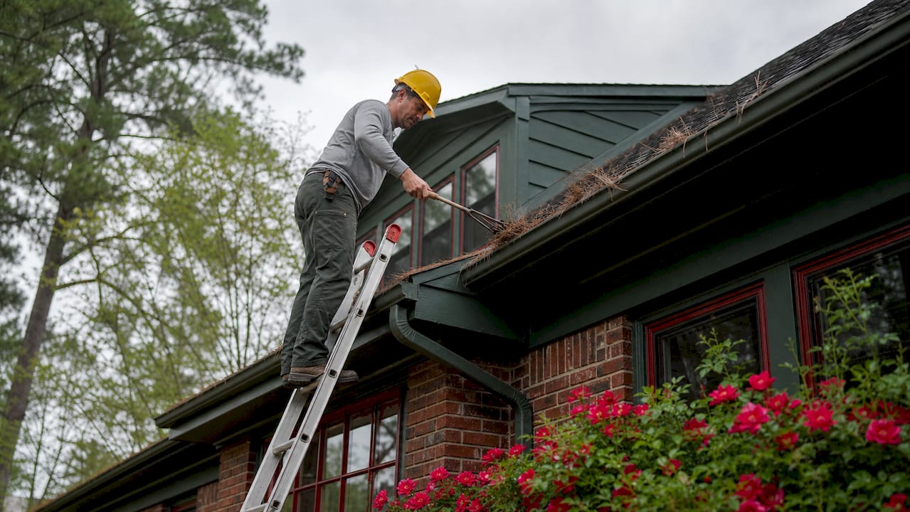 Hands clearing leaves from clogged gutter outdoors