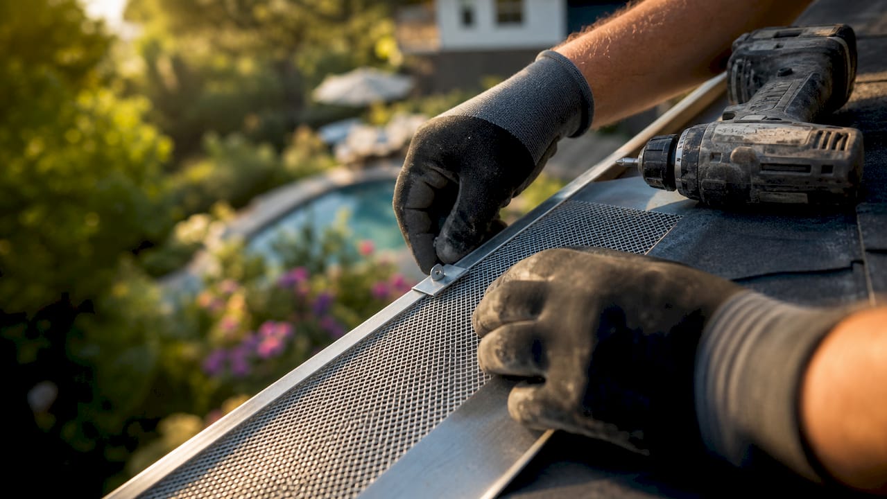 Close-up hands installing micro-mesh gutter guard