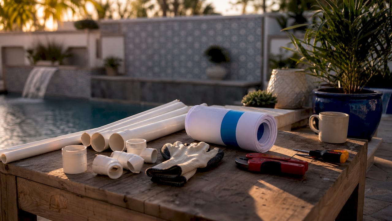 How to Add Pool Waterfalls: A Complete Guide 1 Overhead view of waterfall installation tools laid out