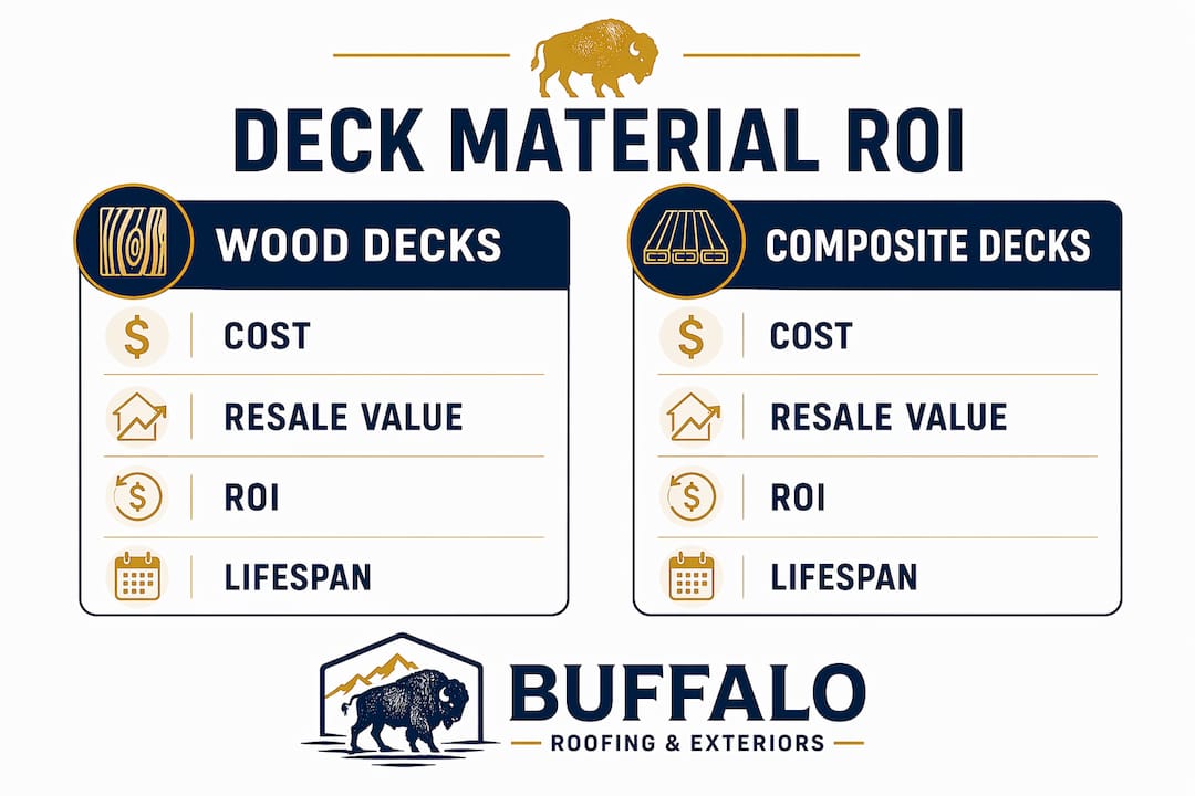 Infographic comparing wood and composite deck ROI and lifespan