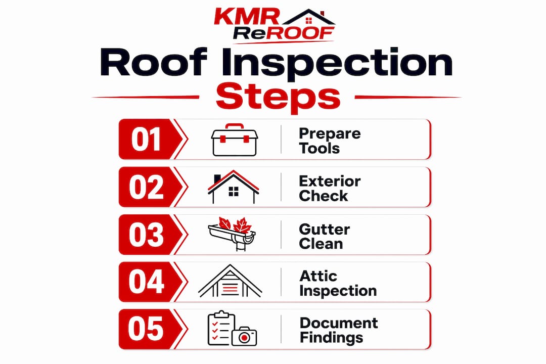 Infographic showing five steps of roof inspection process