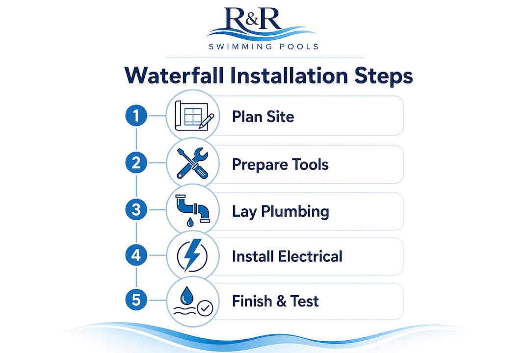 How to Add Pool Waterfalls: A Complete Guide 2 Infographic outlining steps for pool waterfall installation