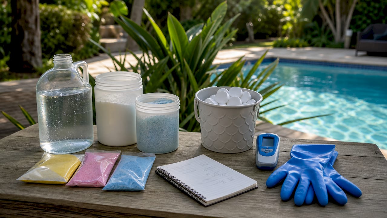 Various pool chlorine types on outdoor table